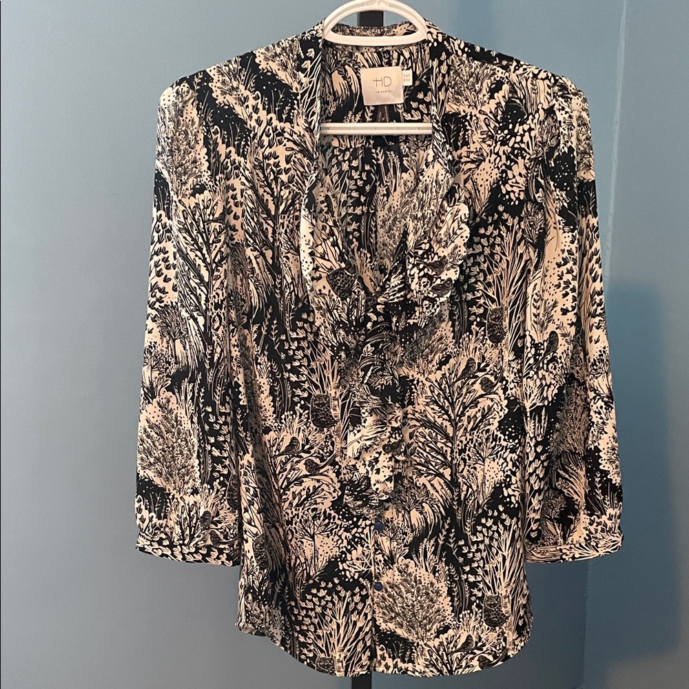 Anthropologie Black and Cream Botanical Print Ruffle Blouse
